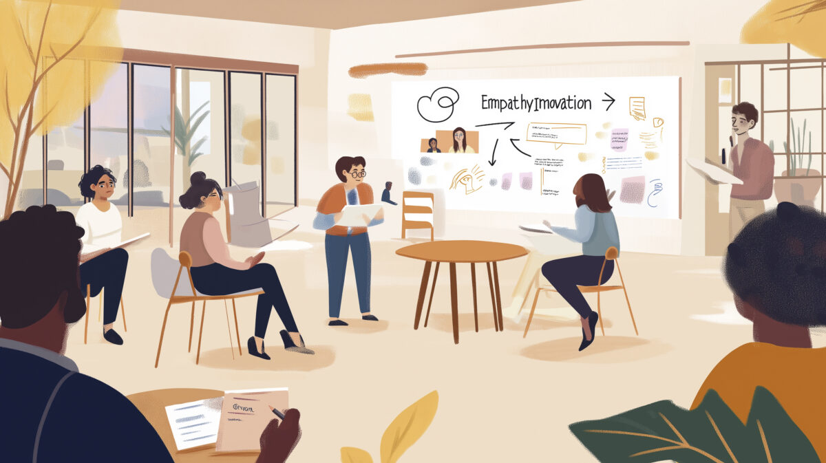 An illustration of a group of young professionals engaged in a community-style creative workshop. The session focuses on empathy and innovation, taking place in a bright, modern office designed to foster collaboration and teamwork.
