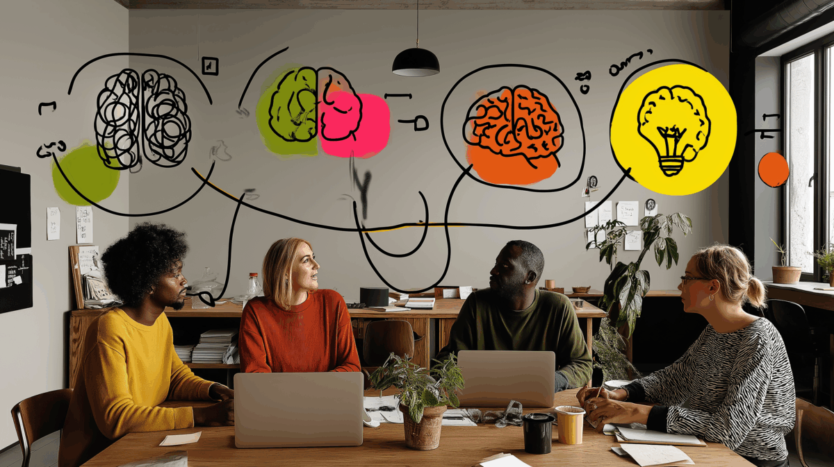 Four diverse colleagues sitting around a table in a modern office, collaborating under a mural featuring colorful brains and a lightbulb representing idea flow and teamwork.