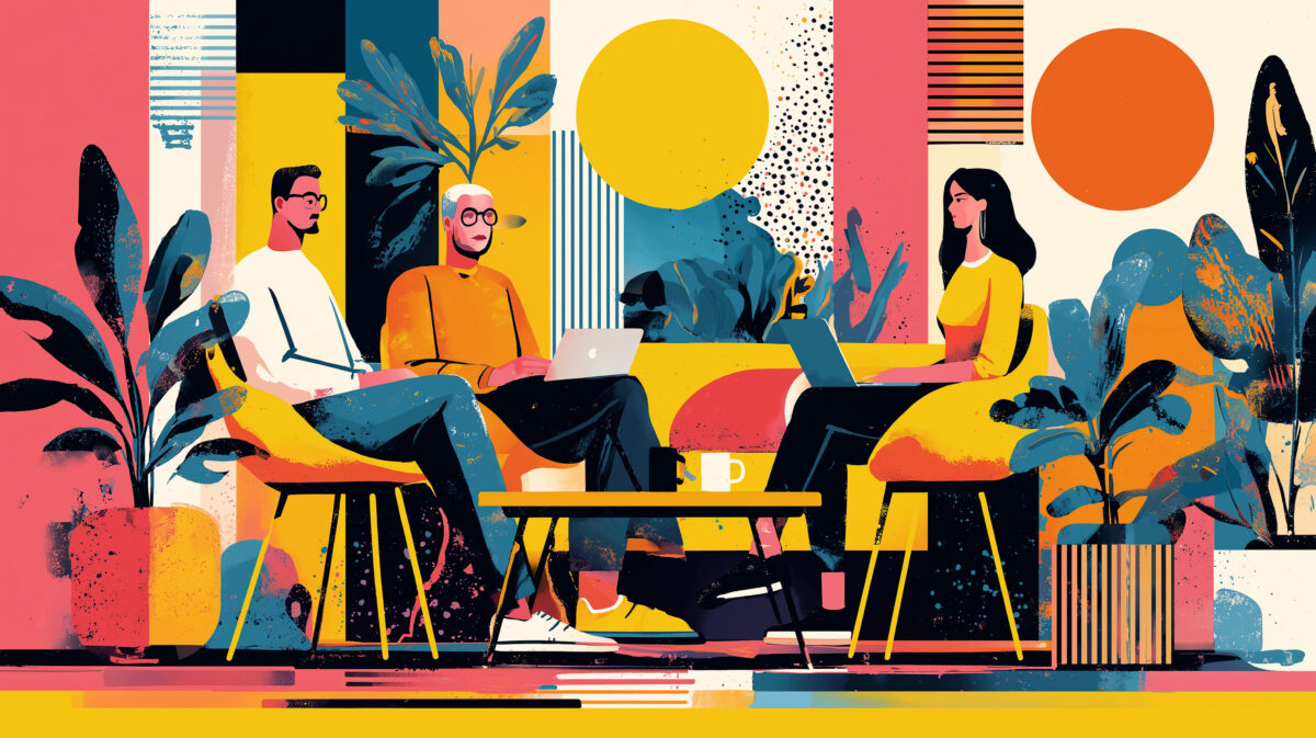 Vector illustration of a diverse team collaborating in a vibrant, modern coworking space.