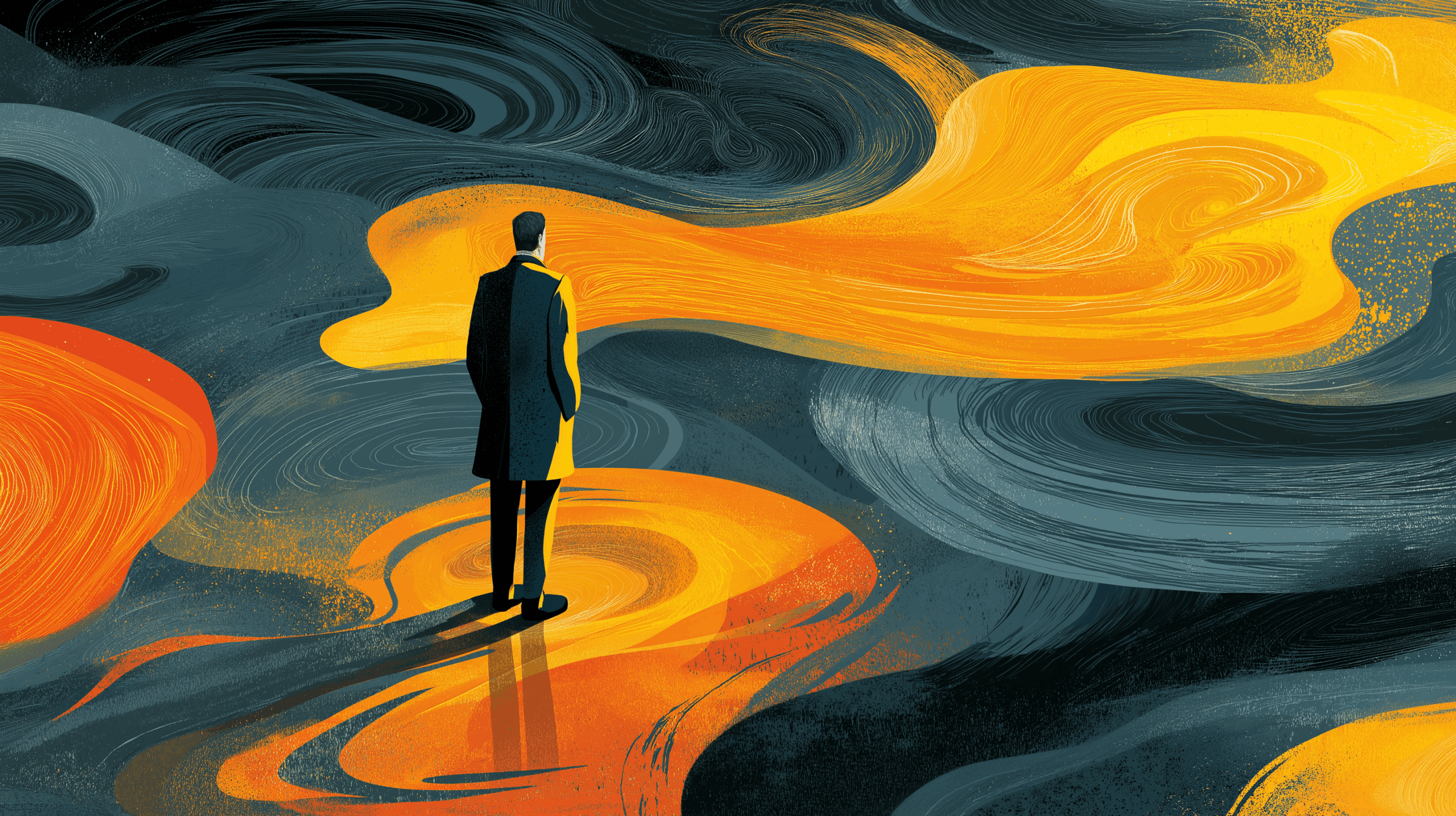 Illustration of a person standing alone in a swirling, abstract environment with vibrant yellow and orange streams, symbolizing leadership, choices, and visionary thinking.