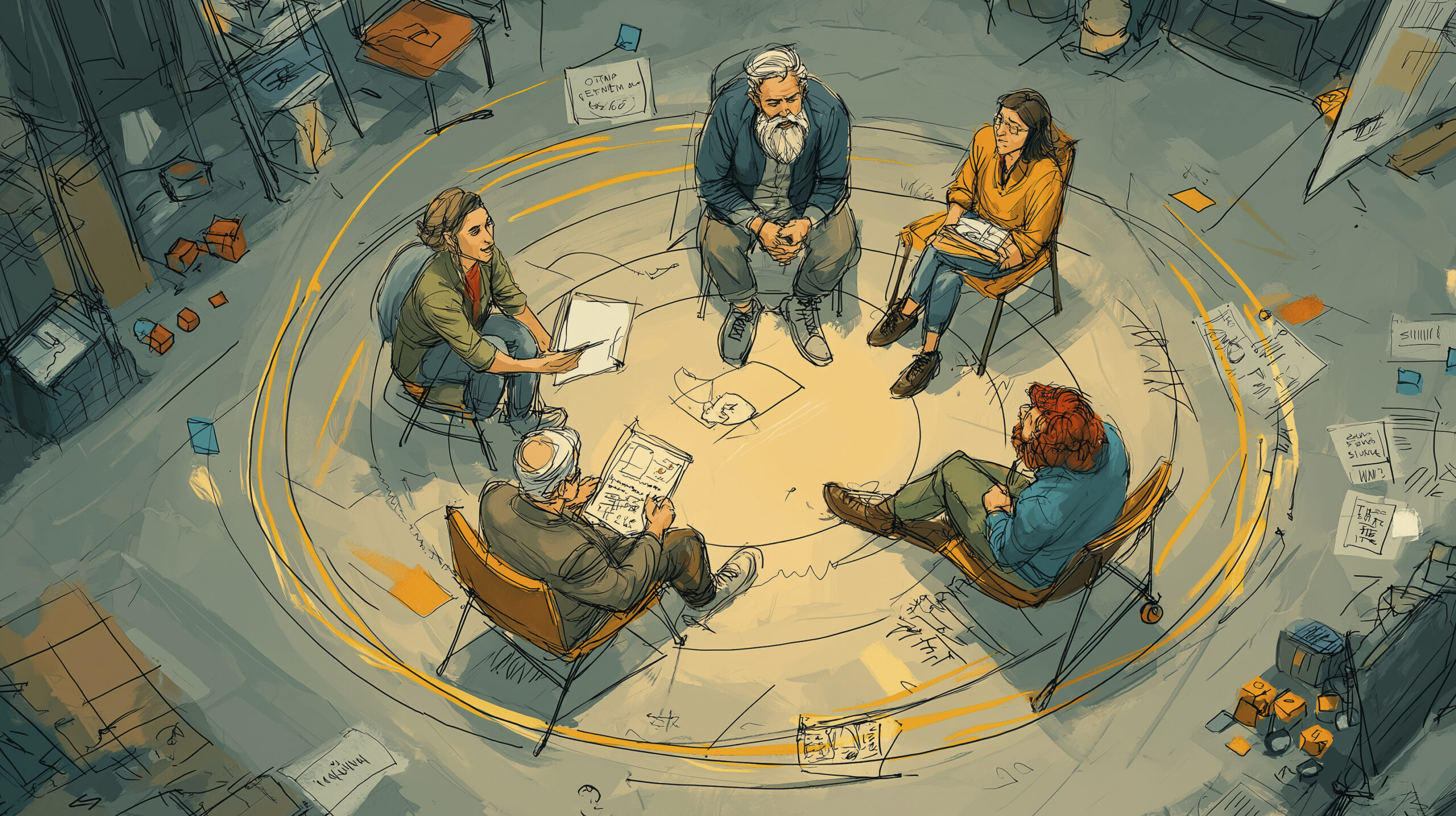 Illustrated scene of five diverse professionals sitting in a circle during a creative Agile workshop, symbolizing cross-functional collaboration and emotional alignment.