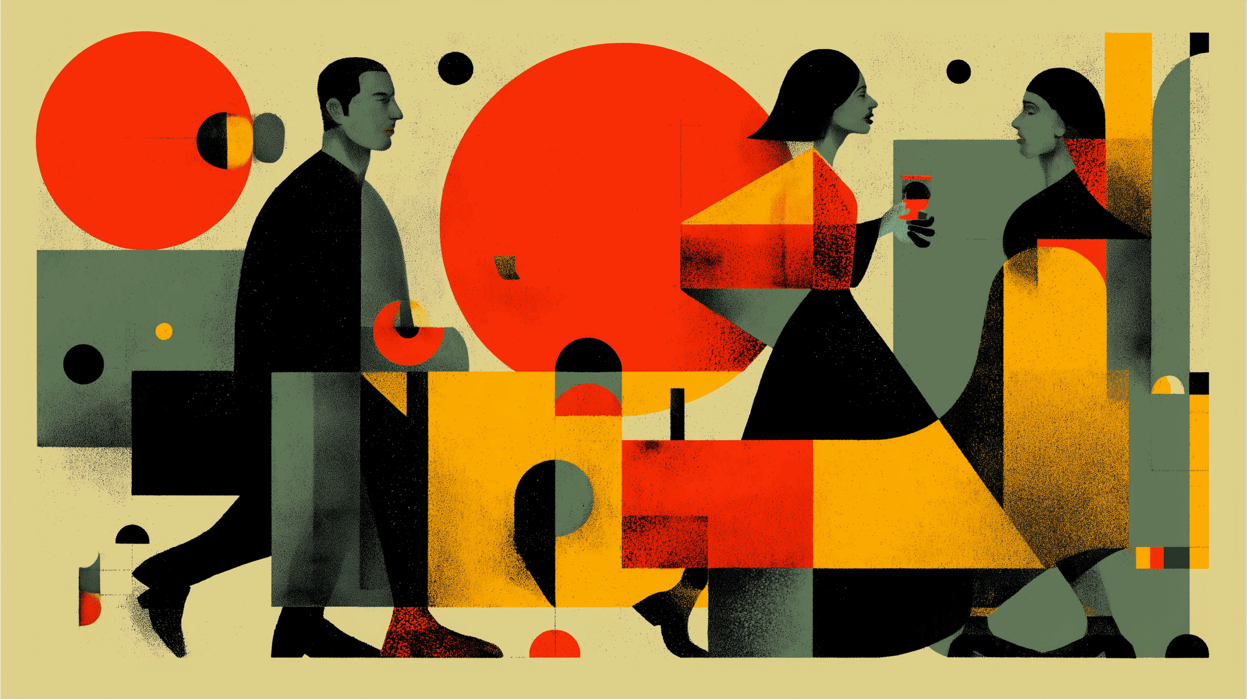 Abstract geometric illustration of people interacting, representing user interaction and customer-centred design thinking.