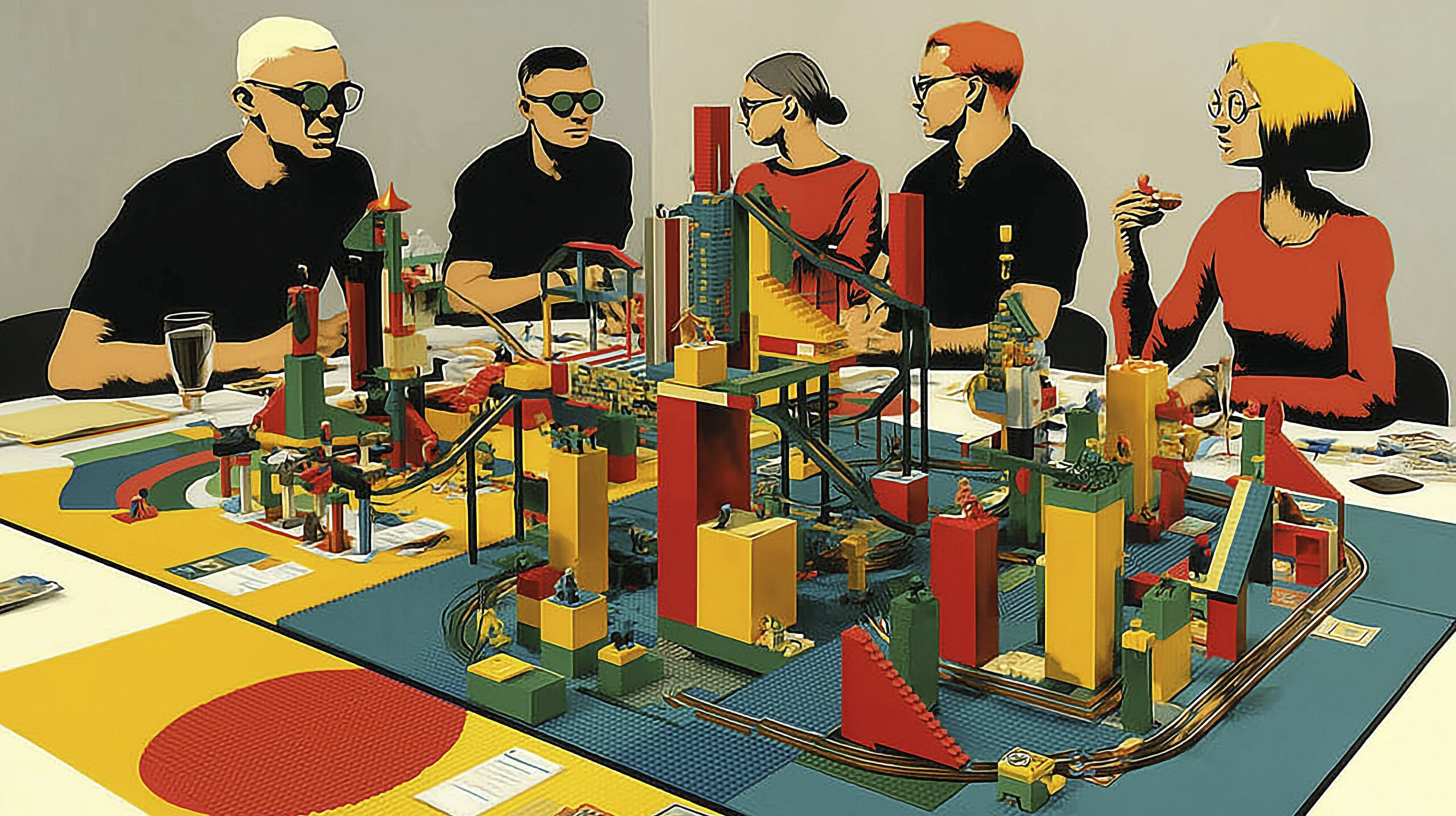 Colorful LEGO® models on a table with people collaborating in a serious play workshop on customer-centric innovation.