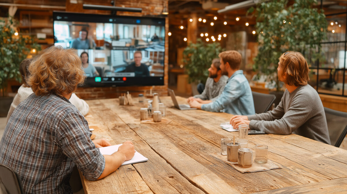 Colleagues in a modern office interacting with remote participants on a large digital whiteboard during a hybrid workshop.