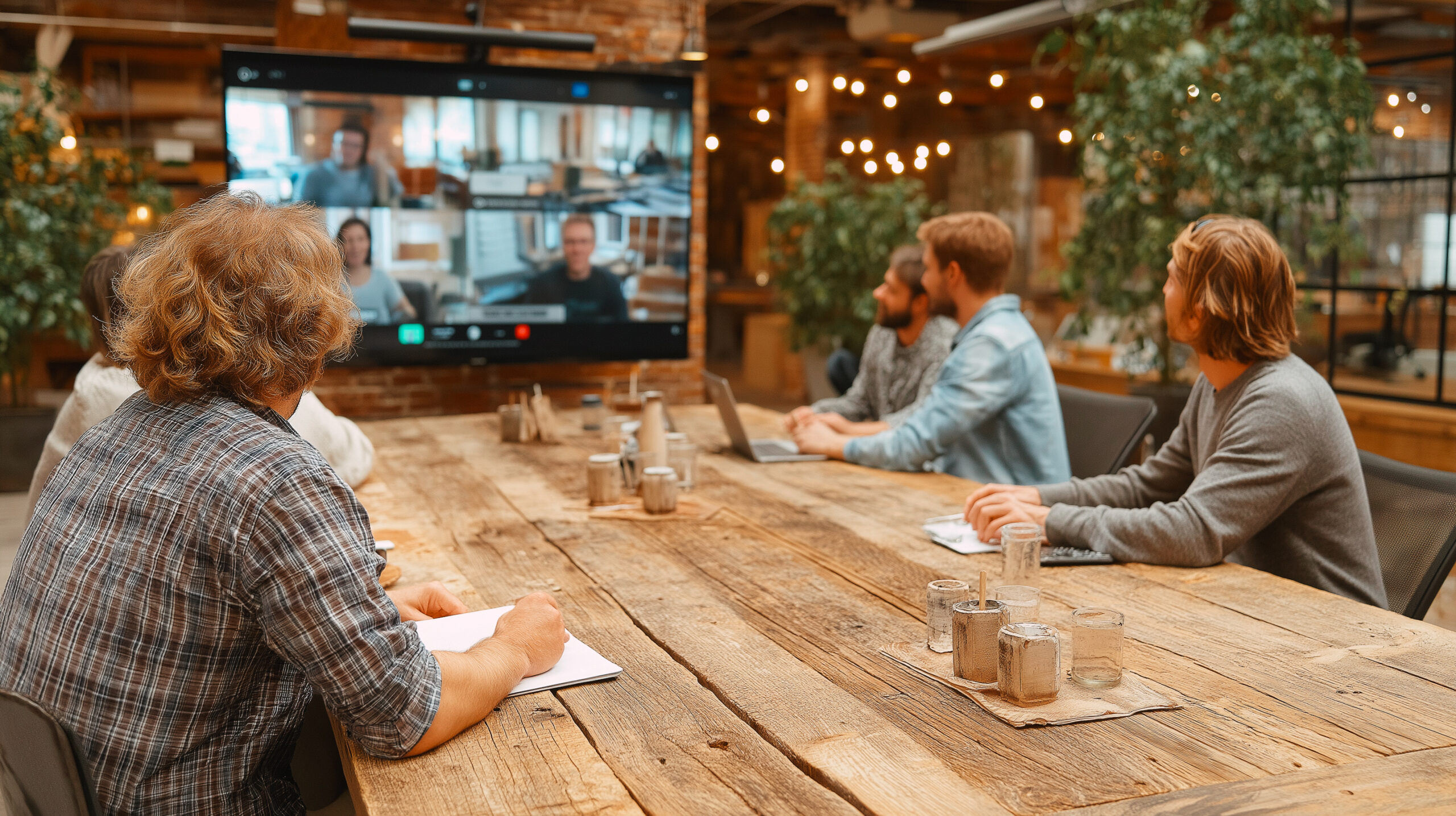 Colleagues in a modern office interacting with remote participants on a large digital whiteboard during a hybrid workshop.