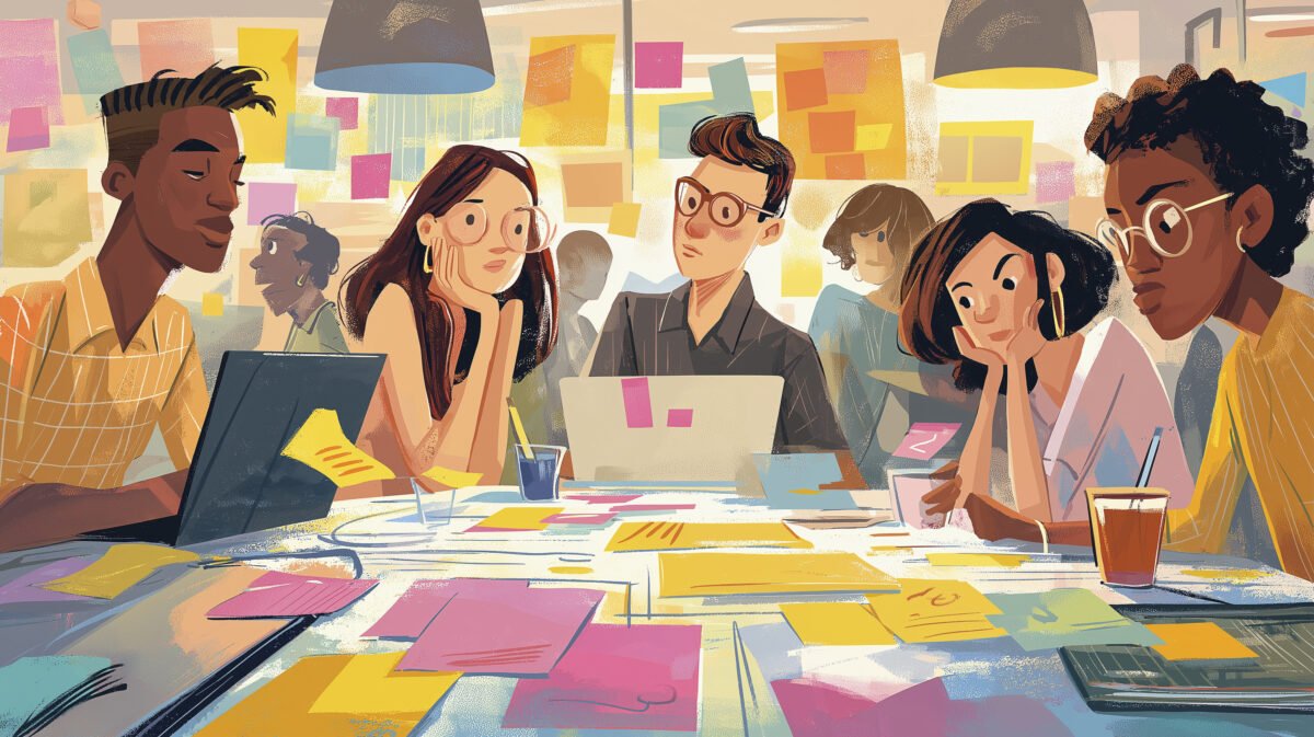 Illustration of a diverse group brainstorming with laptops and colorful sticky notes during an inclusive hybrid workshop.