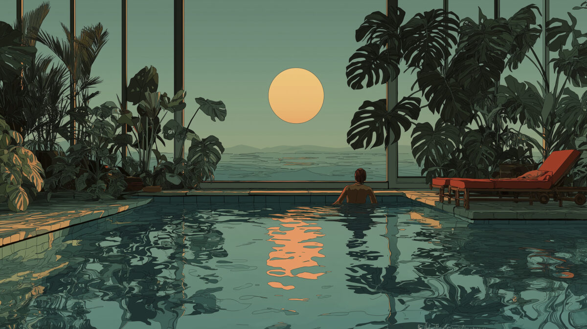 Stylized illustration of a solo figure floating in an indoor pool under moonlight, framed by glass panels and tropical plants with soft reflections on the water.