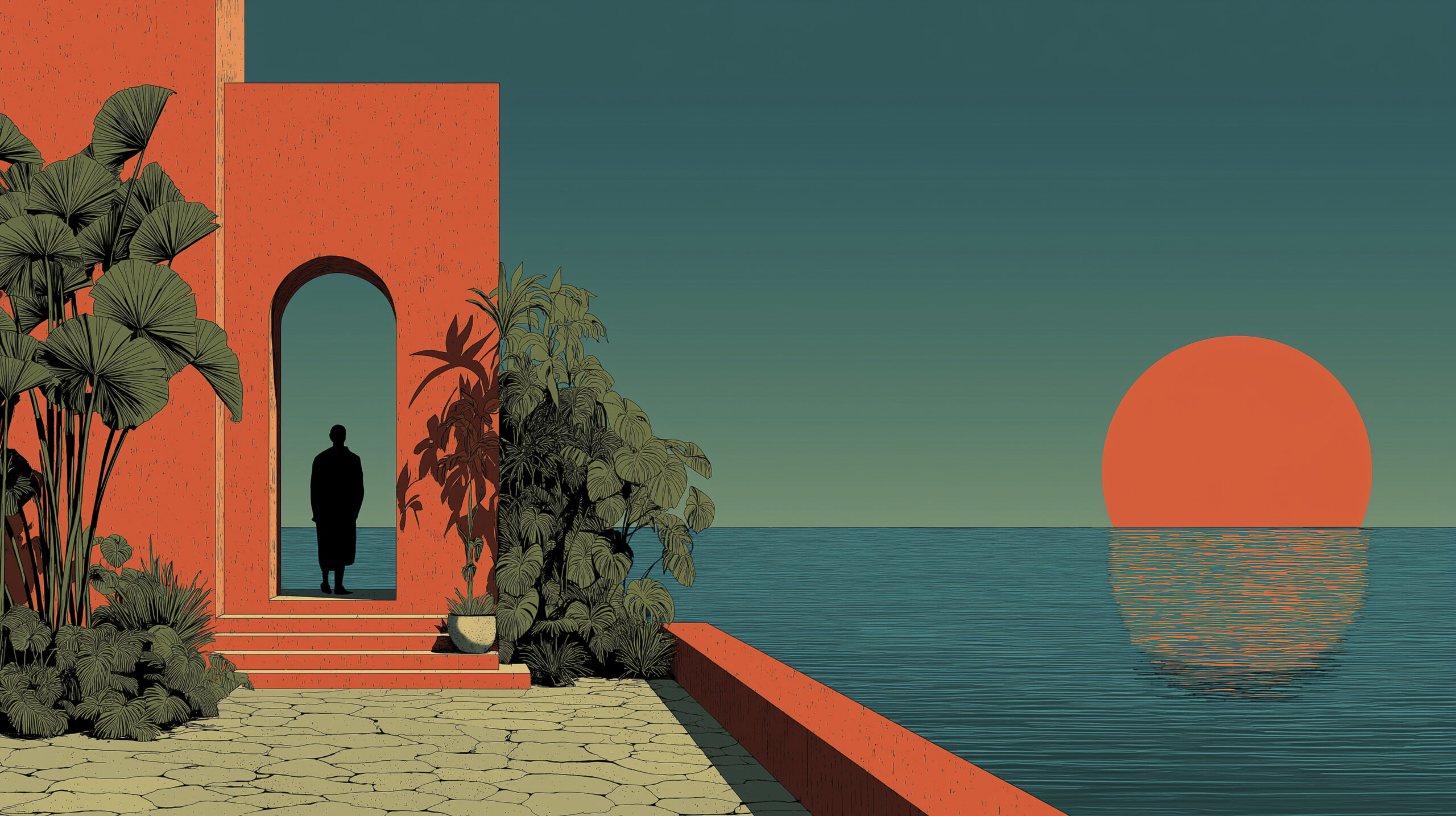 Illustration of a solo figure standing in an arched doorway on a modern coral-colored terrace surrounded by tropical plants, overlooking a vivid orange sunset across the ocean.