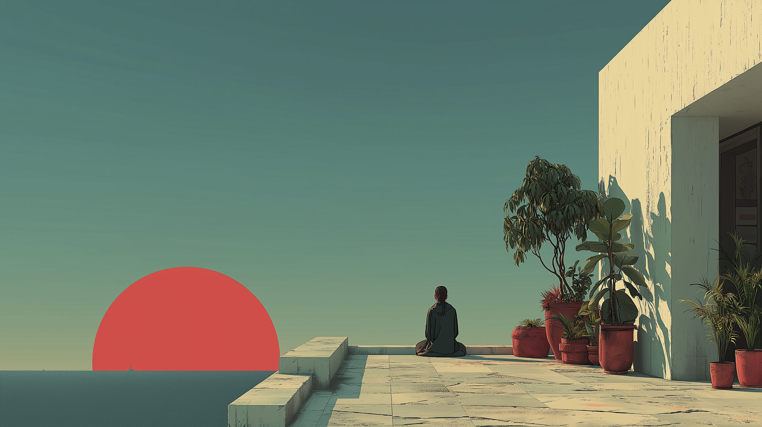 Vector illustration of a woman sitting cross-legged on a rooftop terrace at sunrise, surrounded by red potted plants and minimalist architecture overlooking the ocean.