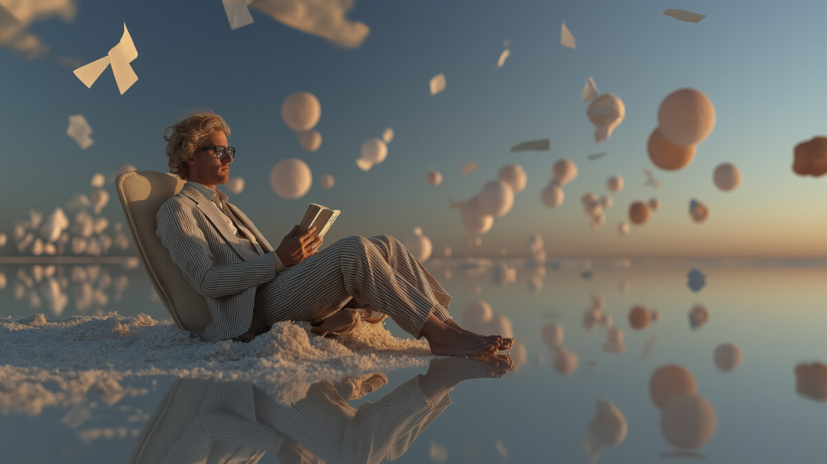 A person in a striped suit sits calmly reading a book in a dreamlike summer landscape with floating papers and spheres, reflecting quiet strategy and creative focus.