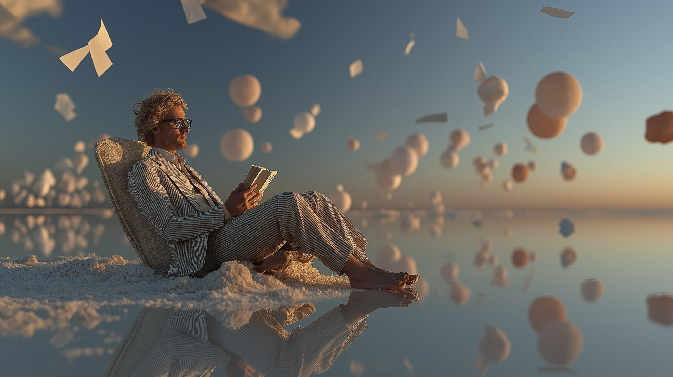 A person in a striped suit sits calmly reading a book in a dreamlike summer landscape with floating papers and spheres, reflecting quiet strategy and creative focus.