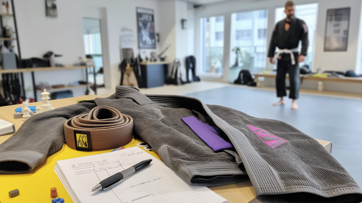 BJJ brown belt and gi placed on a table with a notebook and chess pieces, symbolizing strategic martial arts preparation.