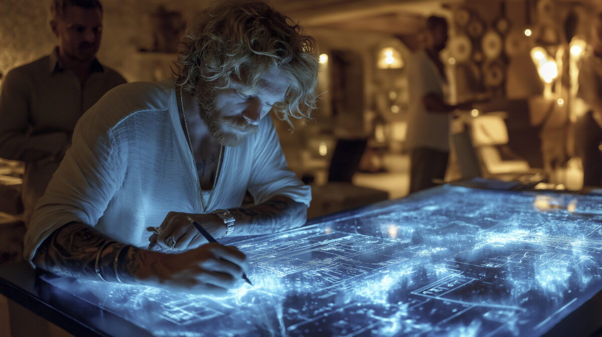 Person leaning over a luminous interactive digital table, sketching or interacting with glowing data visualizations in a dimly lit, creative workspace.