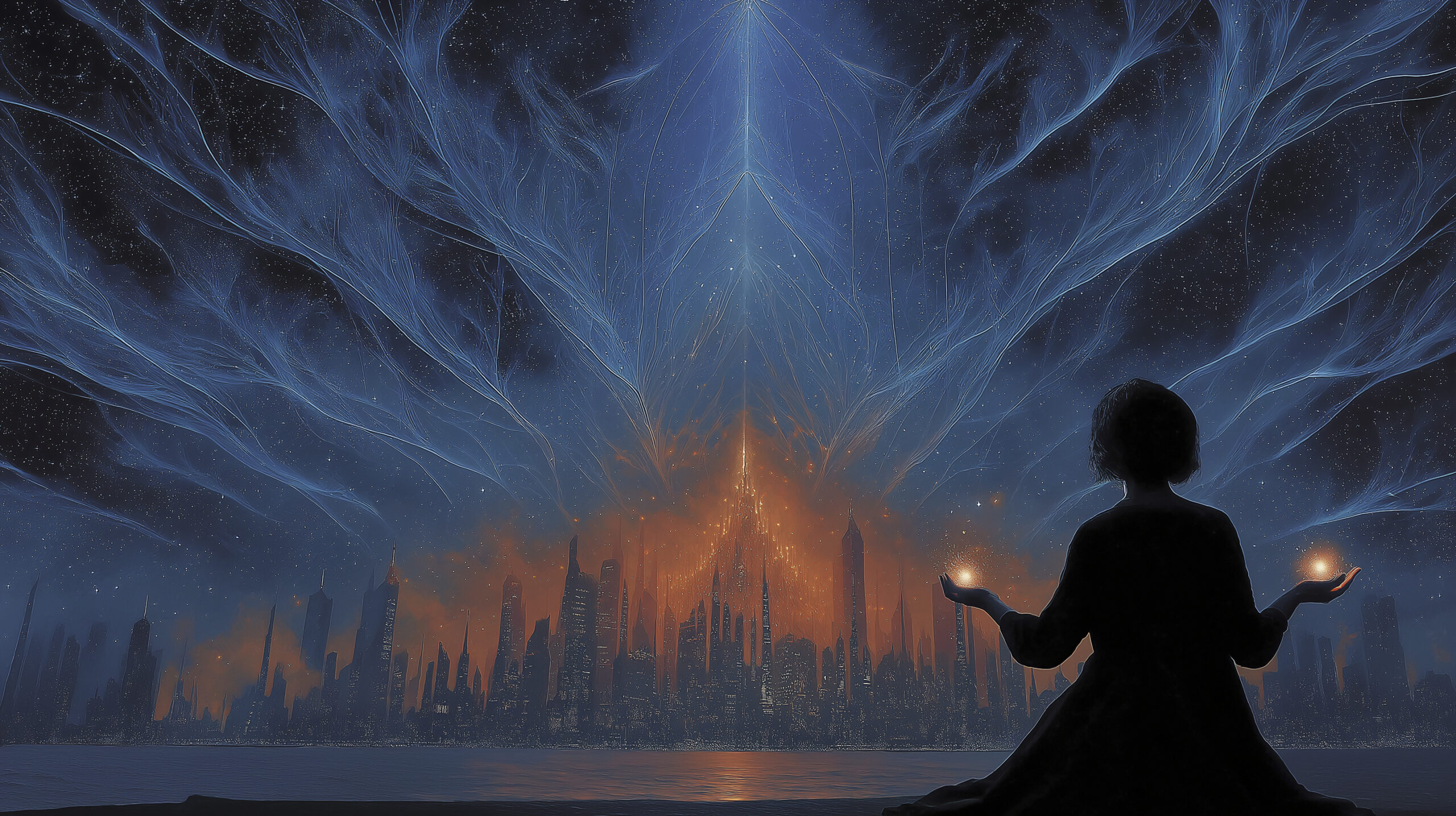 Silhouette of a person standing on a ledge overlooking a luminous, futuristic cityscape, with glowing digital patterns and lights stretching into the sky.