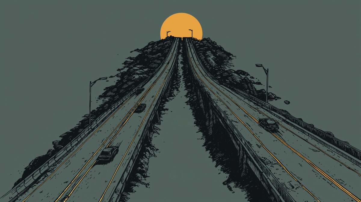 Illustration of two roads merging into a single path under a sun, symbolizing alignment between speed and quality in processes.