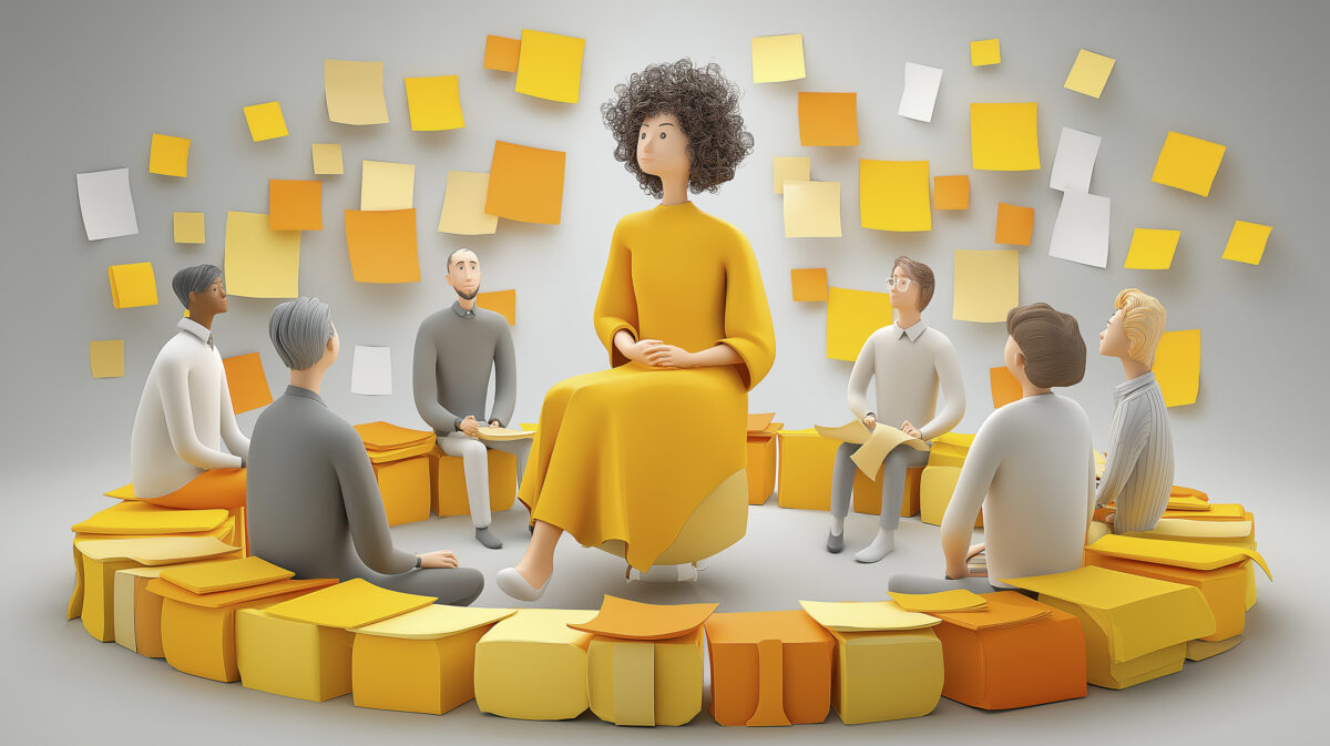 Facilitator leading a collaborative team circle surrounded by colorful sticky notes representing agile alignment and brainstorming.