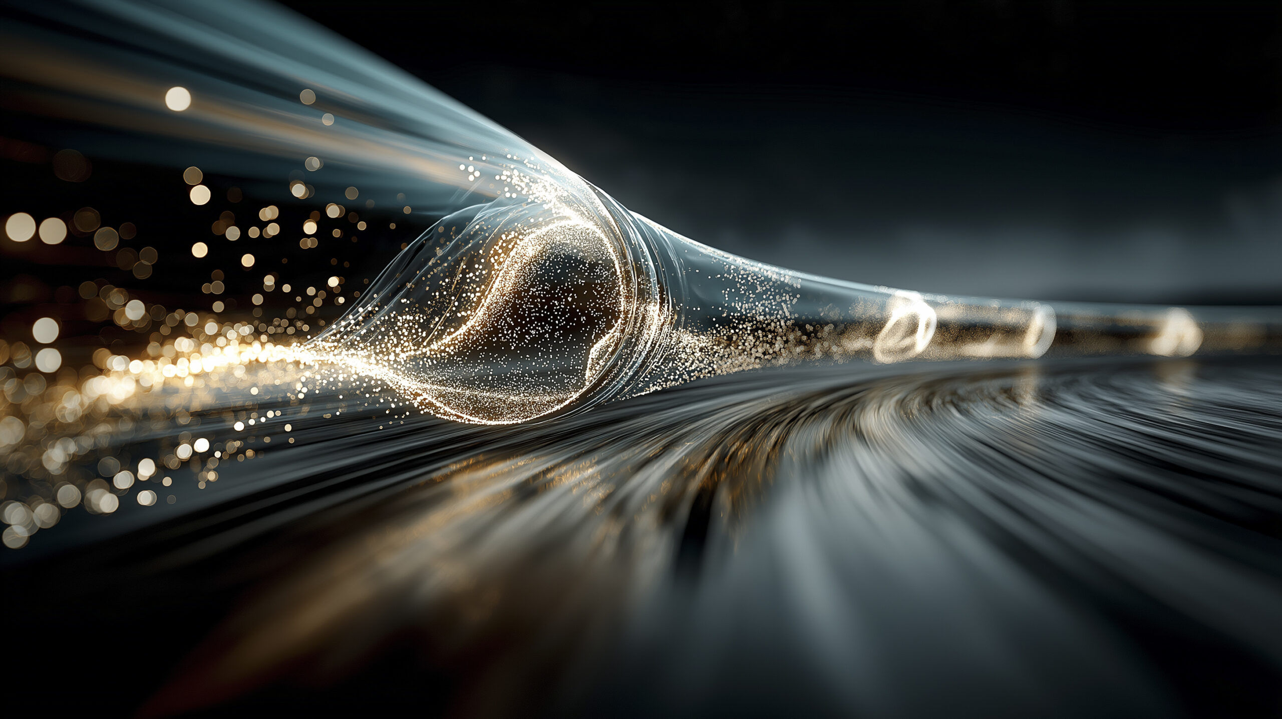 Abstract depiction of a flowing pipeline composed of light particles, representing speed and continuous transformation in processes.