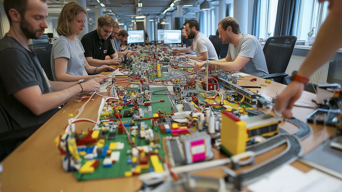 Team collaborating on a LEGO® Serious Play model during an agile facilitation workshop to enhance creative problem-solving and engagement.