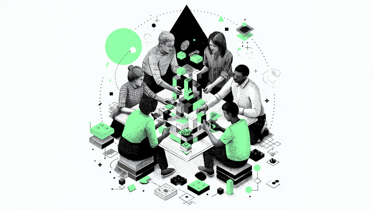 Editorial‑style digital illustration of a diverse team around a table building a structure of geometric blocks, symbolising collaborative strategy development.