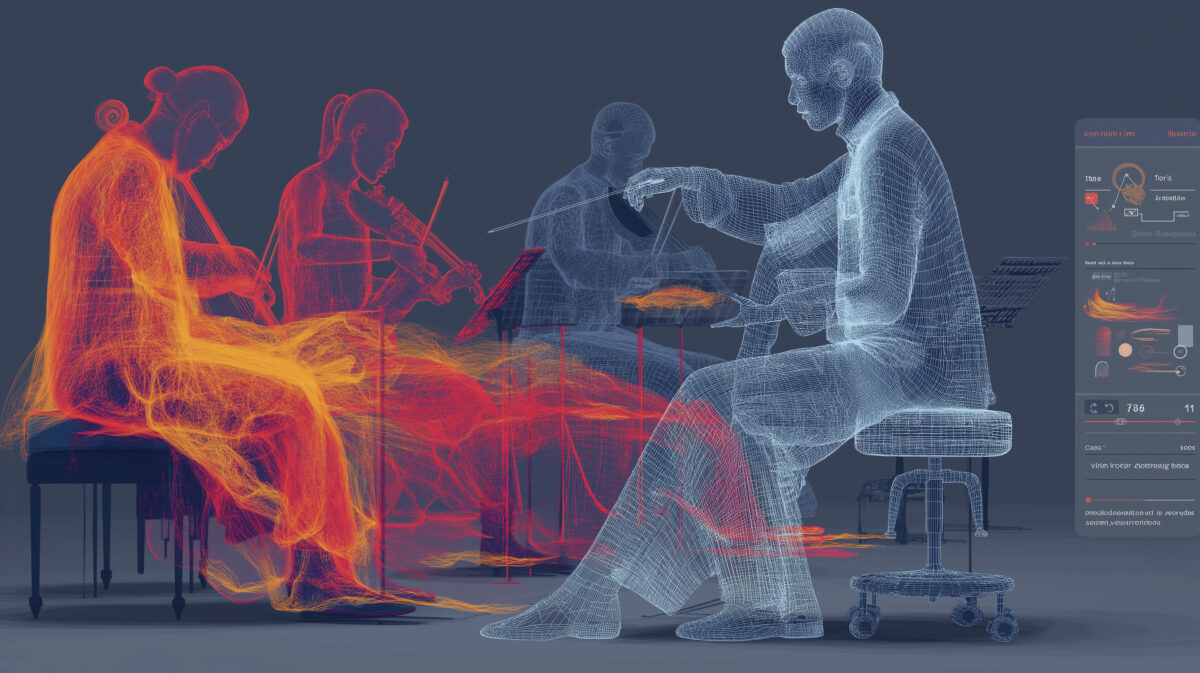 Wireframe illustration of an orchestra of creative professionals – violinist and cellist – visualising creative team collaboration and system orchestration.