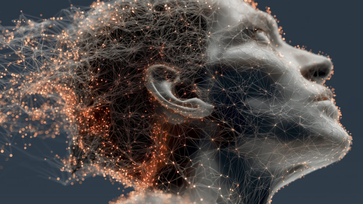 Futuristic digital network of nodes and lines forming the silhouette of a human head and shoulders, glowing orange against a dark background.