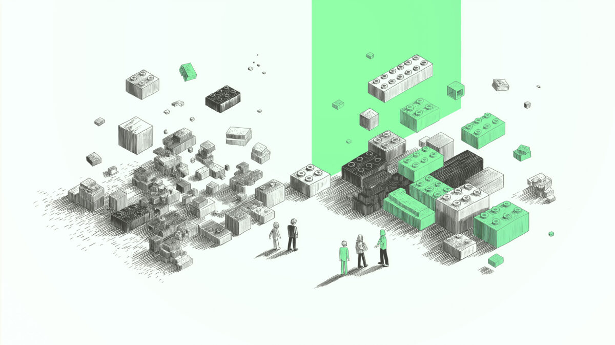 Conceptual digital illustration showing individuals building separate LEGO‑like models, which then combine into a cohesive shared structure above.