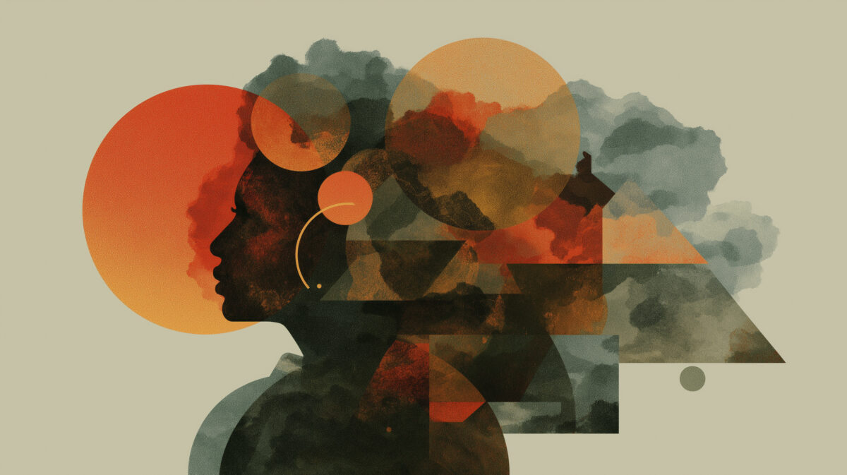 Abstract layered illustration featuring a human profile surrounded by colored geometric forms, representing thought, decisions, and internal process.