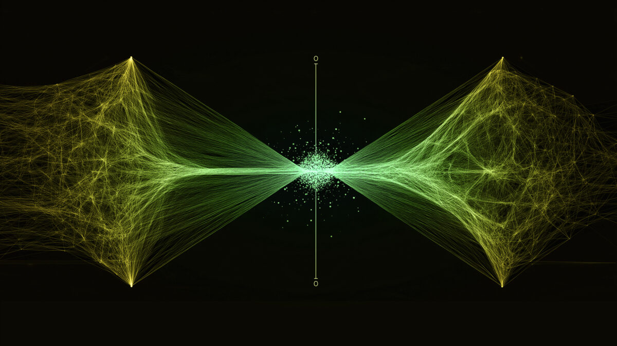 Symmetrical abstract image of yellow and green data flows converging at a central point, representing leadership response to mistakes and systemic recalibration.
