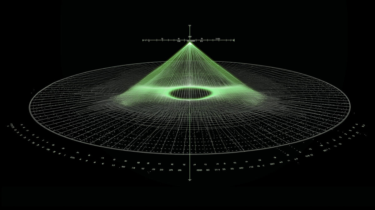 Abstract green wireframe cone and circular grid design representing pressure and systemic convergence during leadership decision-making in complex systems.