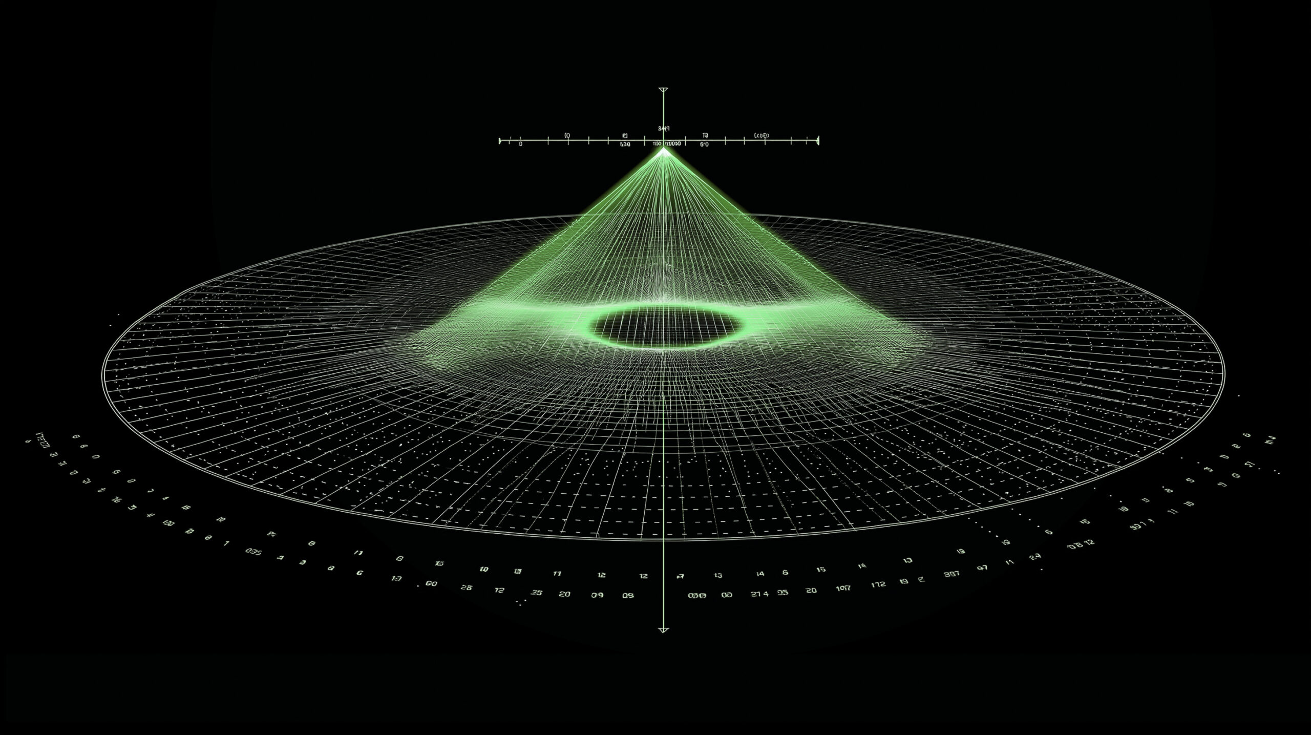 Abstract green wireframe cone and circular grid design representing pressure and systemic convergence during leadership decision-making in complex systems.