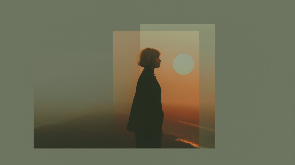 Silhouette of a person in profile against a sunset with soft geometric overlays, symbolizing introspection and calm.