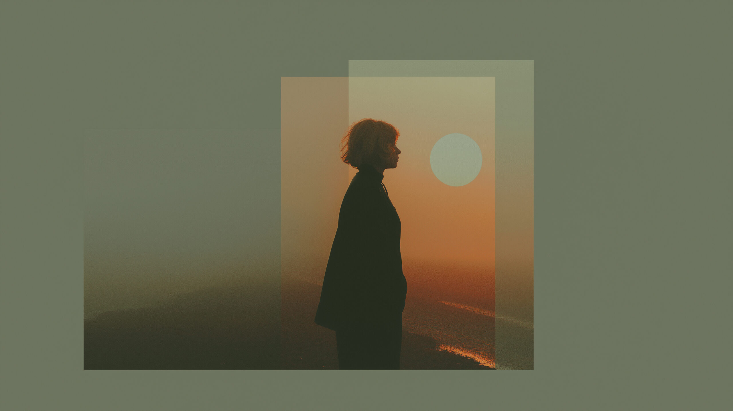 Silhouette of a person in profile against a sunset with soft geometric overlays, symbolizing introspection and calm.