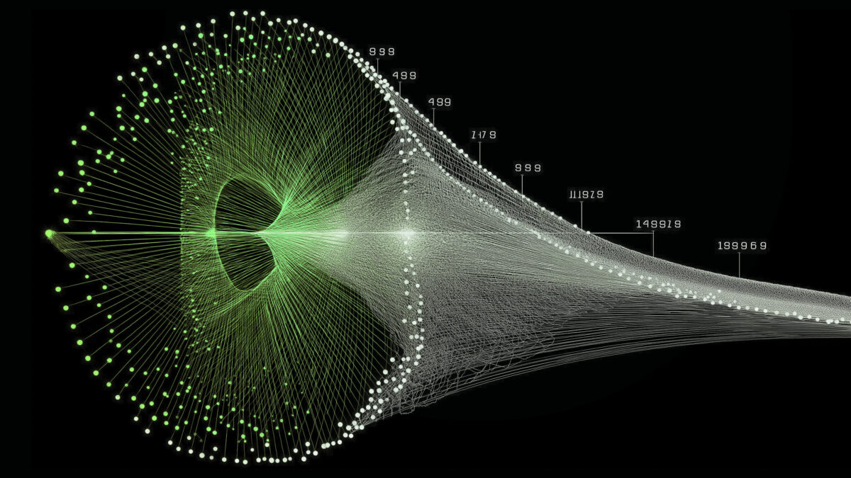 Radial green and white network diagram showing data nodes and escalation trajectories, visualizing mistake propagation in leadership systems.