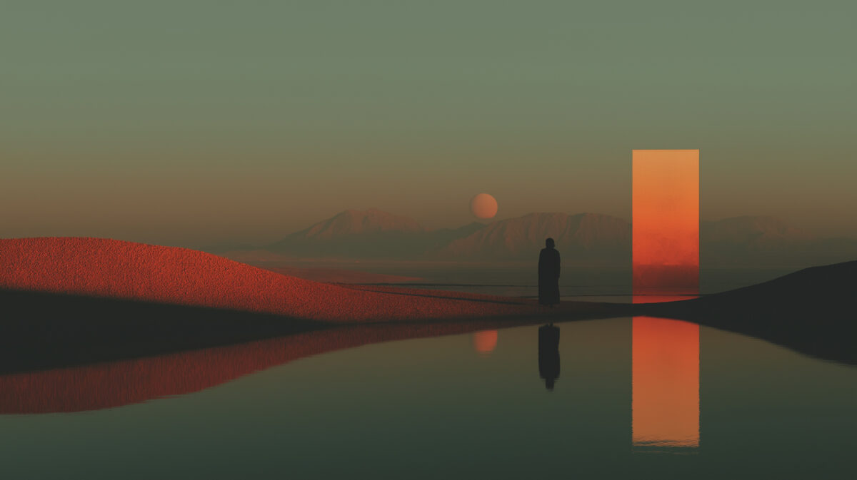 Surreal landscape with a person standing near calm water and a glowing reflective portal, suggesting depth, contemplation, and inner journey.