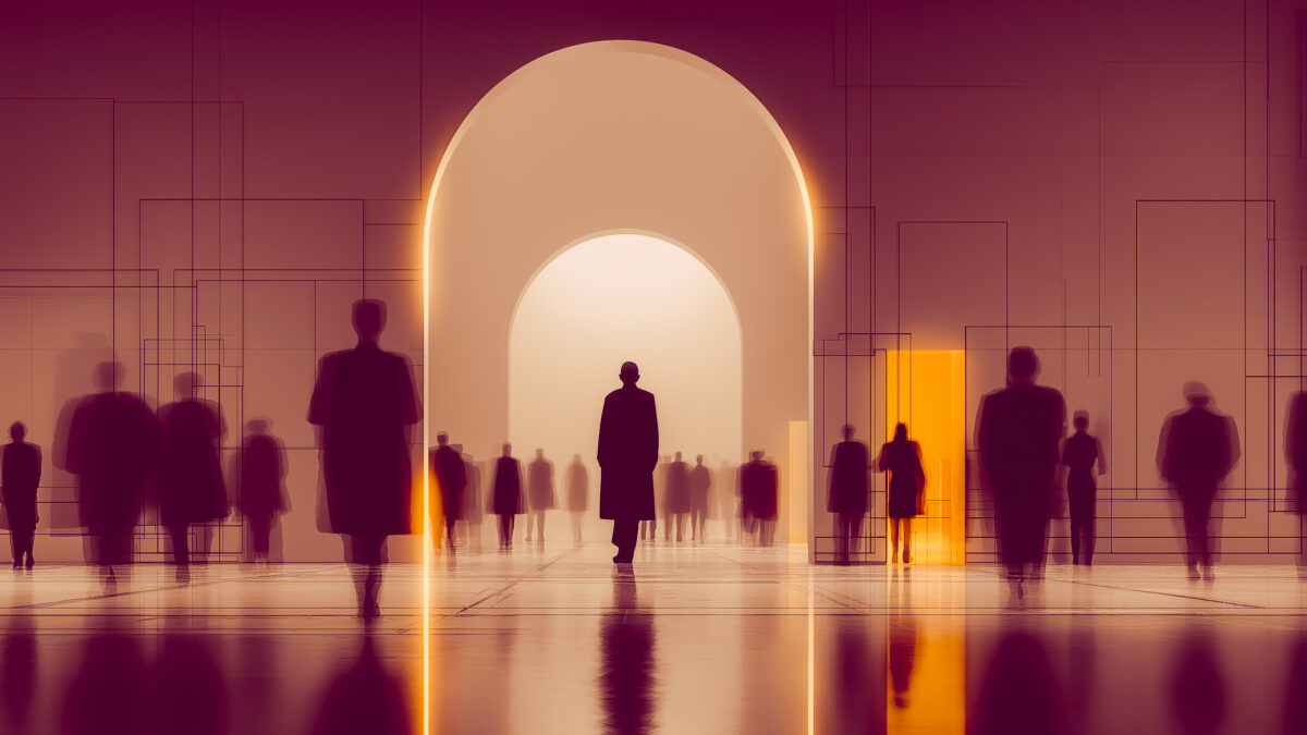 Silhouetted figures walking through abstract architectural arches with glowing light, symbolizing organisational change and adaptive culture.