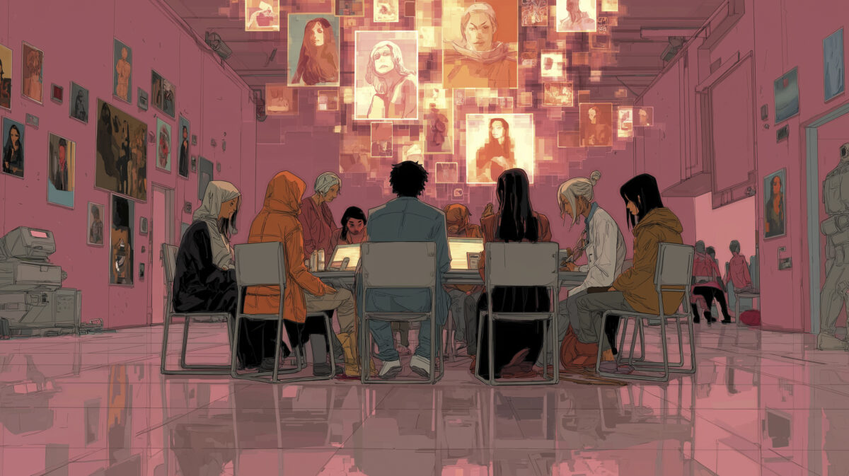 Diverse team working in a digitally enhanced workspace with floating portraits symbolizing AI integration and informal decision-making.