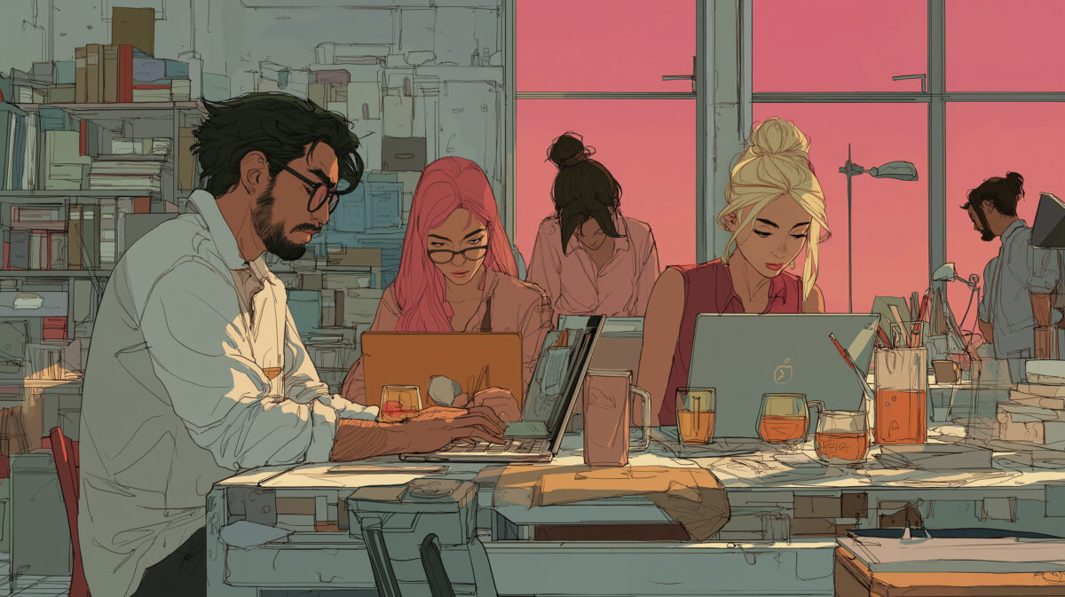 Professional team collaborating in a modern office with laptops and drinks, representing the quiet integration of AI into daily work.