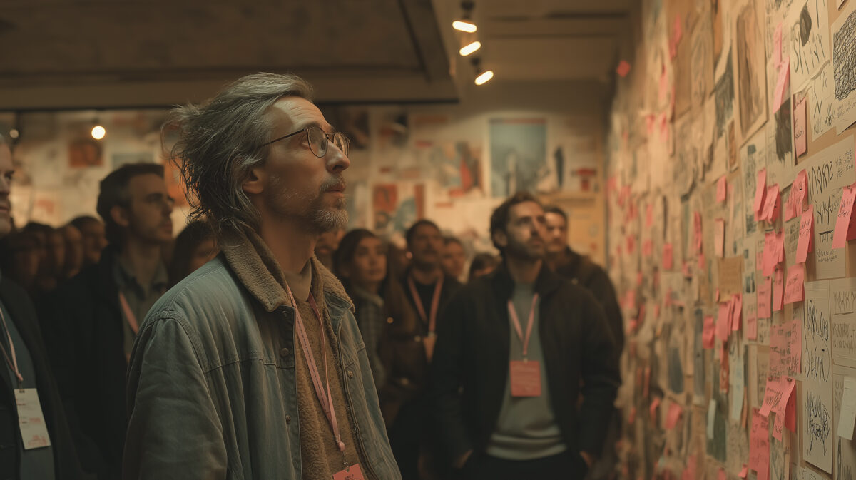 Group of professionals in a workshop analyzing a data wall, symbolizing cultural adaptation and hidden decision-making in organizations.