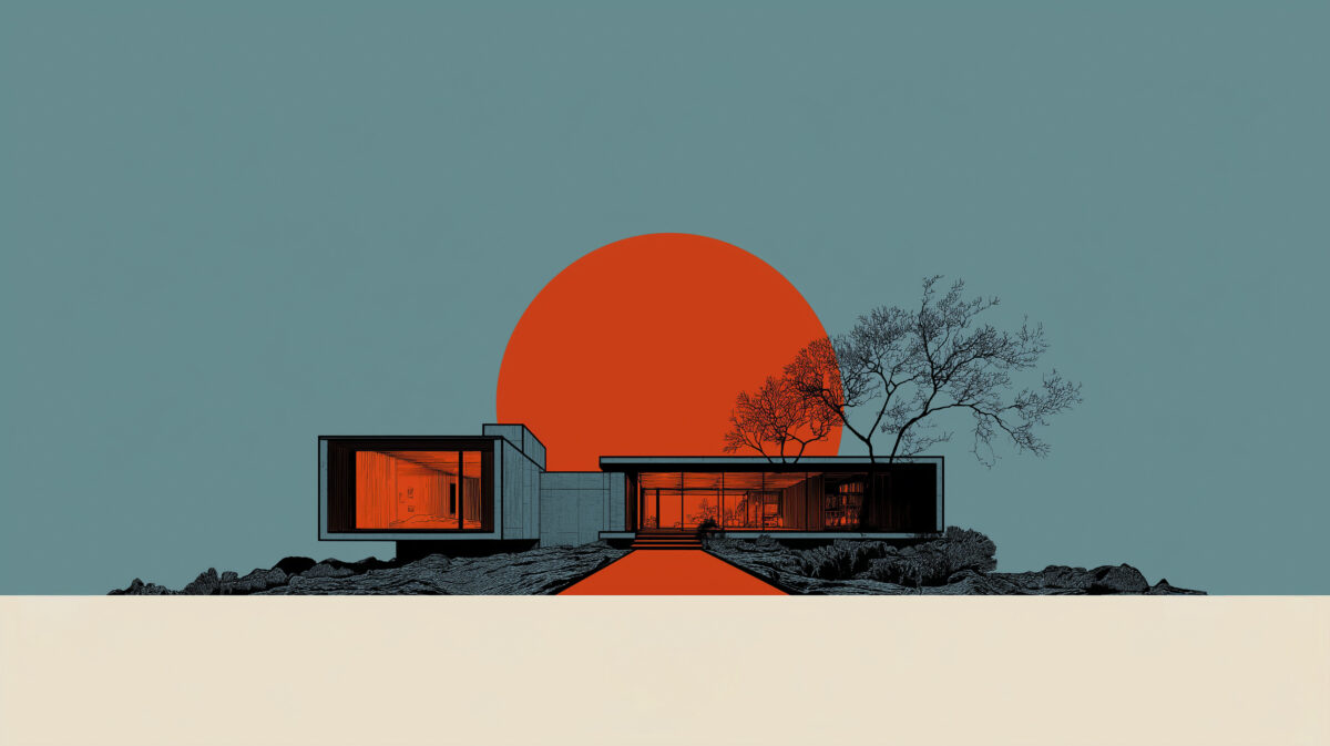 Modern minimalist house illuminated in red against a large red sun, representing innovation culture and psychological safety as internal performance infrastructure.