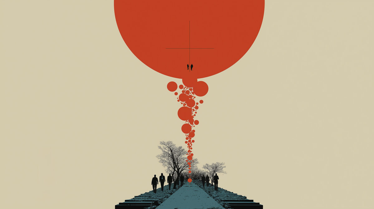 Minimalist illustration of small figures walking toward a large red abstract shape, symbolising psychological safety reducing fear and enabling innovation.