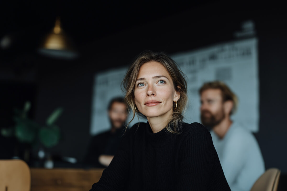 Female executive in a meeting looking thoughtful, representing AI leadership and decision-making in modern organizations