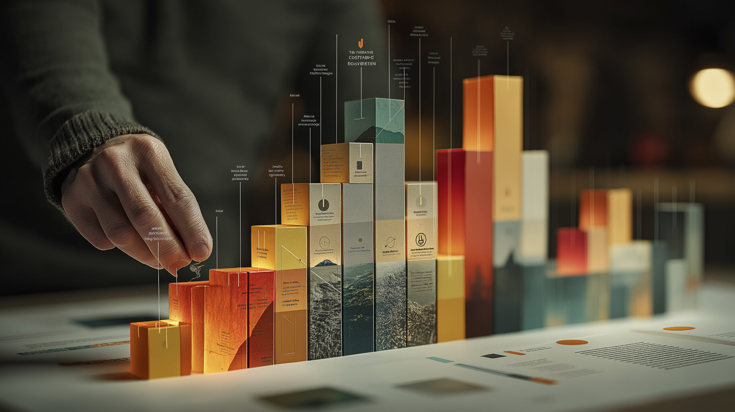 Hands arranging structured blocks representing CSRD compliance evolving into leadership system design and ESG governance performance.