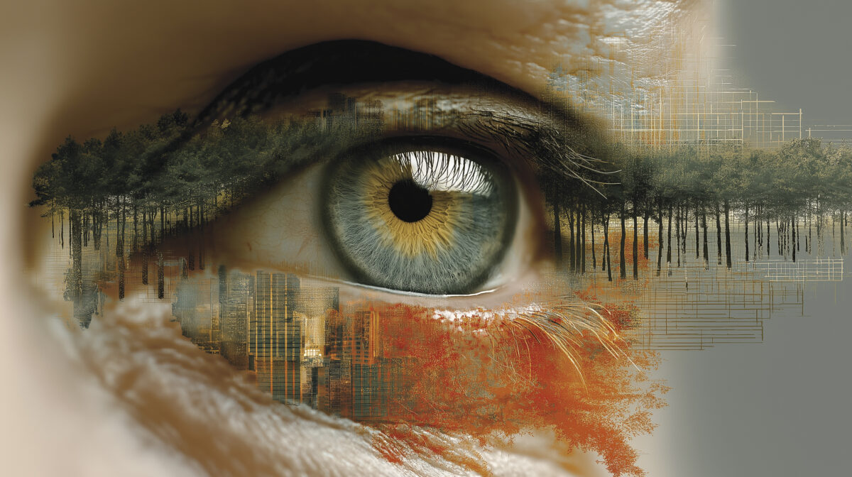 Close-up of a human eye reflecting a structured city grid and forest, symbolizing CSRD leadership system design and integrated European governance.
