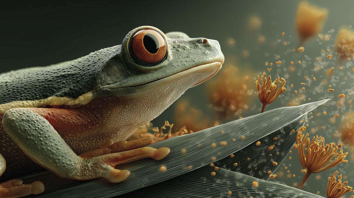 Macro photo of a green tree frog on a leaf with pollen particles, symbolizing sustainability and psychological safety in CSRD leadership design.