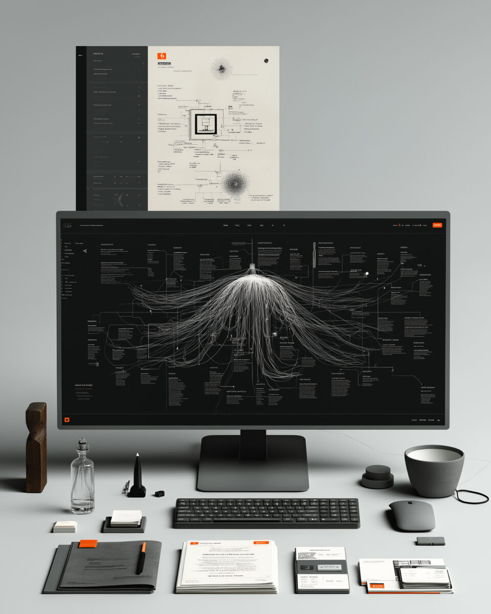 A modern desk setup with a large monitor showing a networked information map, surrounded by documents and notes representing an AI decision environment.