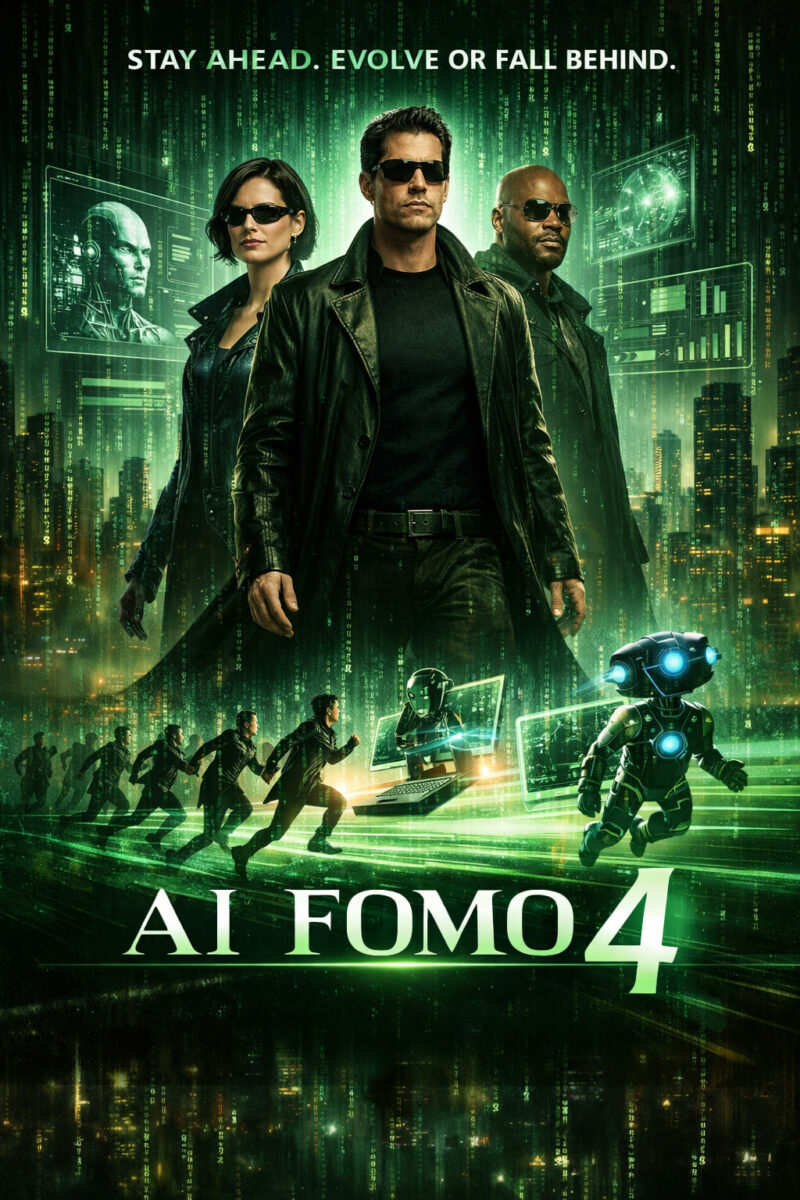 Retro-futuristic poster showing two worried people, several robots, gadgets, and a time-travel-style car in a neon city.