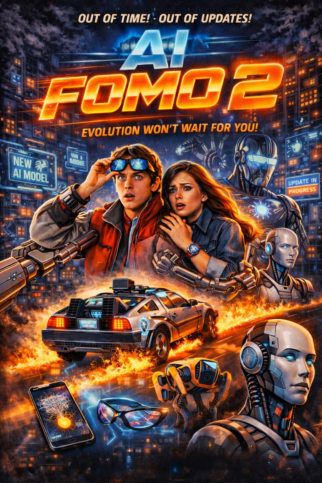 Retro-futuristic poster showing two worried people, several robots, gadgets, and a time-travel-style car in a neon city.