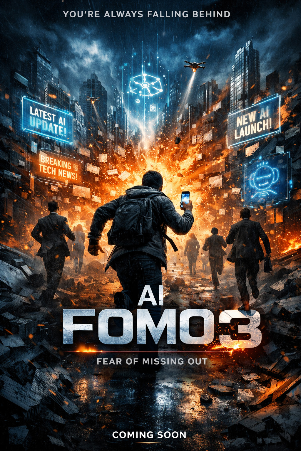 A man runs through a burning futuristic city holding a phone as screens show AI updates and tech news all around him.