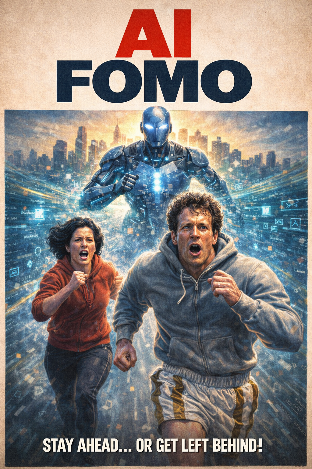 Two people run through a digital city while a glowing humanoid robot chases them, symbolising AI FOMO and pressure to keep up.