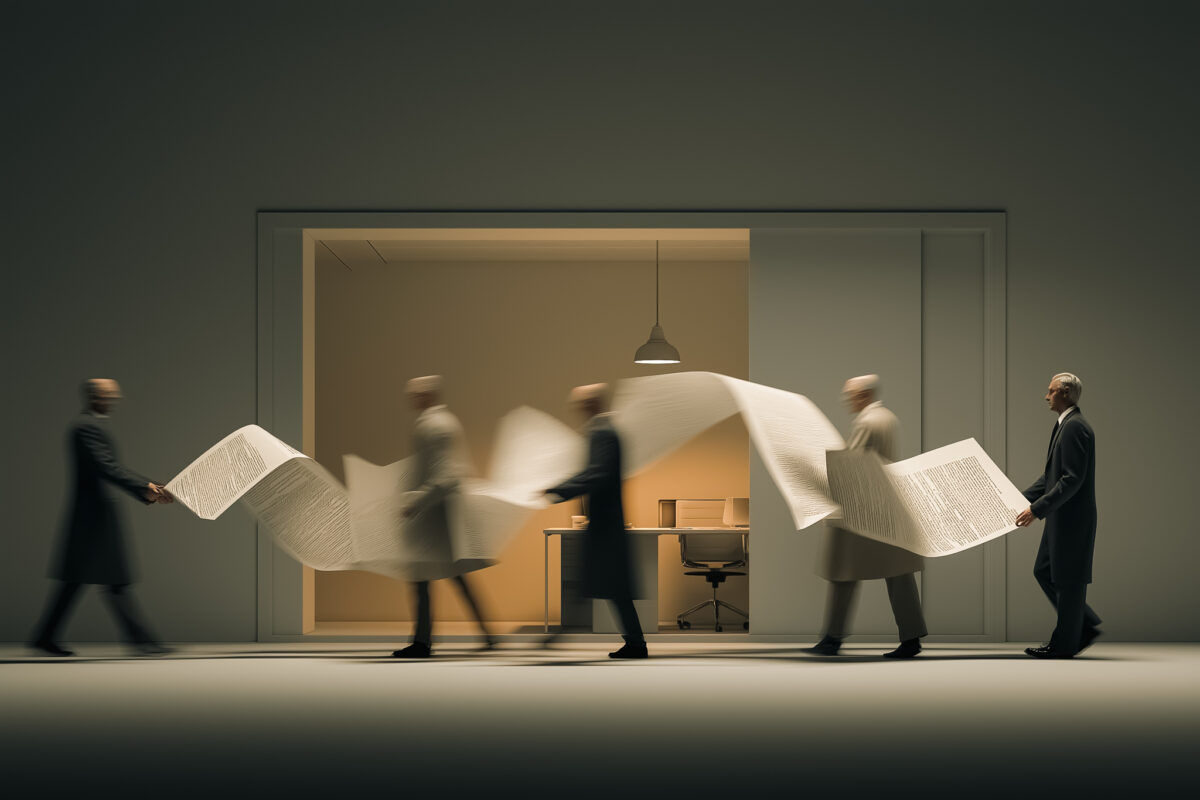 Business professionals walking while carrying a long flowing document representing the evolution and distortion of decisions across an organization.